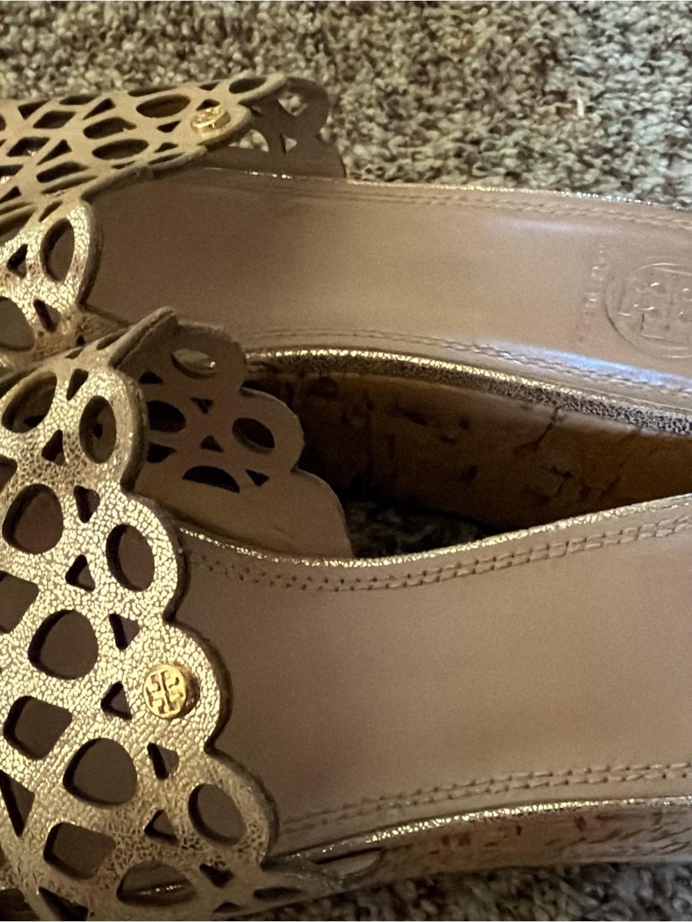 Tory Burch Metallic Gold Cutout Cork Wedge Sandals - Picture 5 of 7